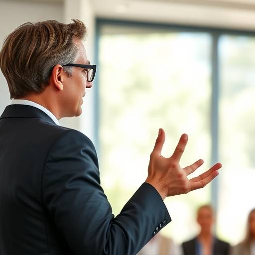 Imagen representativa del curso avanzado: una persona gesticulando con confianza durante una presentación.